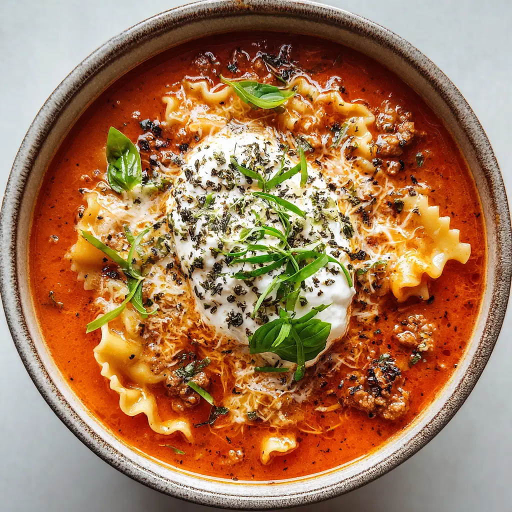 Overhead shot of Lasagna Soup topped with a dollop of white ricotta, melted mozzarella strings, chopped basil, and oregano flakes.