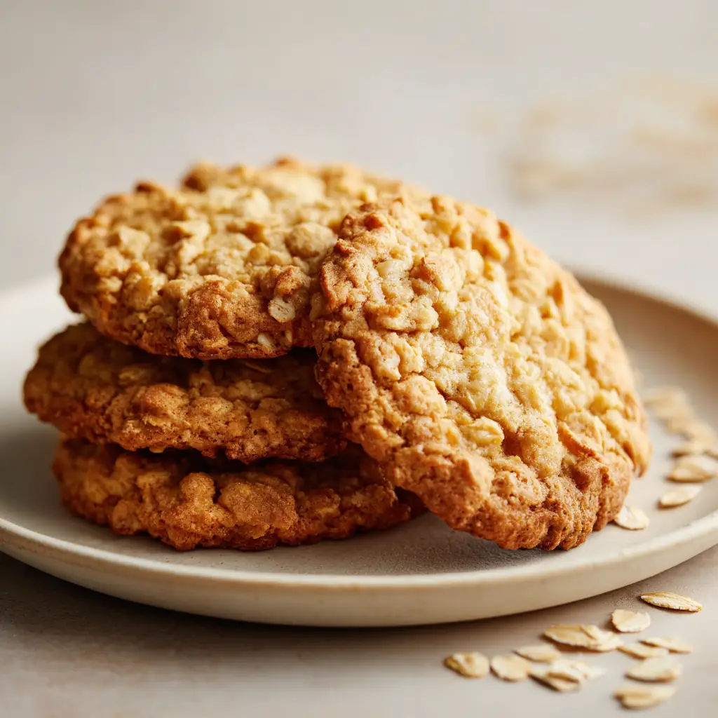 Close up of Easy Oatmeal Cookies showcasing a bumpy, textured surface with distinct baked quick oats embedded in the dough.