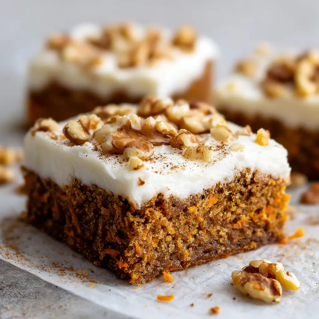 Close-up shot of dense, moist brown spiced Carrot Cake Bars speckled with orange shreds of grated carrot on a piece of parchment paper.