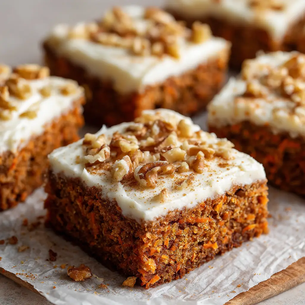 A generous, creamy white layer of cream cheese frosting spread edge to edge on Carrot Cake Bars, topped with roughly chopped toasted walnuts.