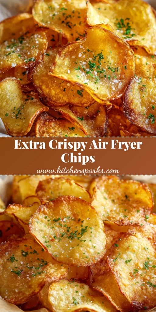 A close-up view of freshly cooked Air Fryer Potato Chips with curled crispy edges and coarse sea salt in a rustic ceramic bowl.