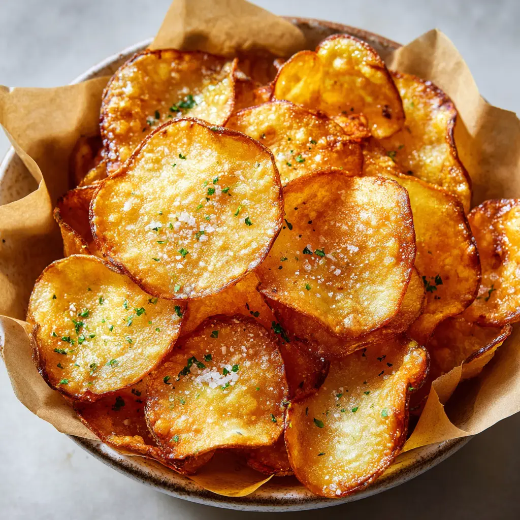 Thinly sliced Air Fryer Potato Chips displaying a golden-yellow center and blistered crispy edges, garnished with dried parsley.