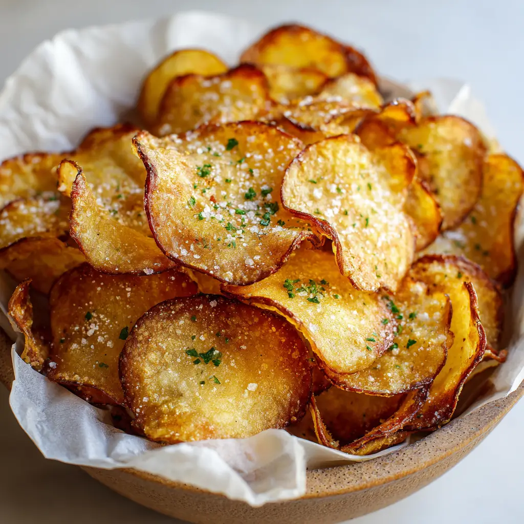 Close up overhead shot of homemade potato chips generously speckled with coarse white sea salt and black pepper.