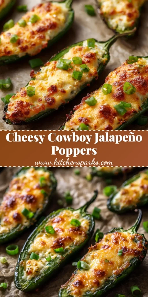 A close-up view of baked Cowboy Jalapeño Poppers lined up on a baking sheet, featuring blistered skins and melted golden-brown cheese.