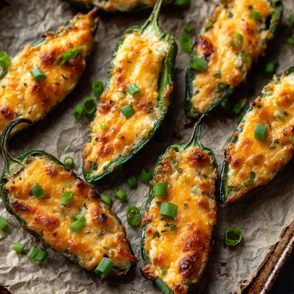 Freshly baked jalapeno halves lined up on crinkled brown parchment paper, dusted with cayenne pepper.