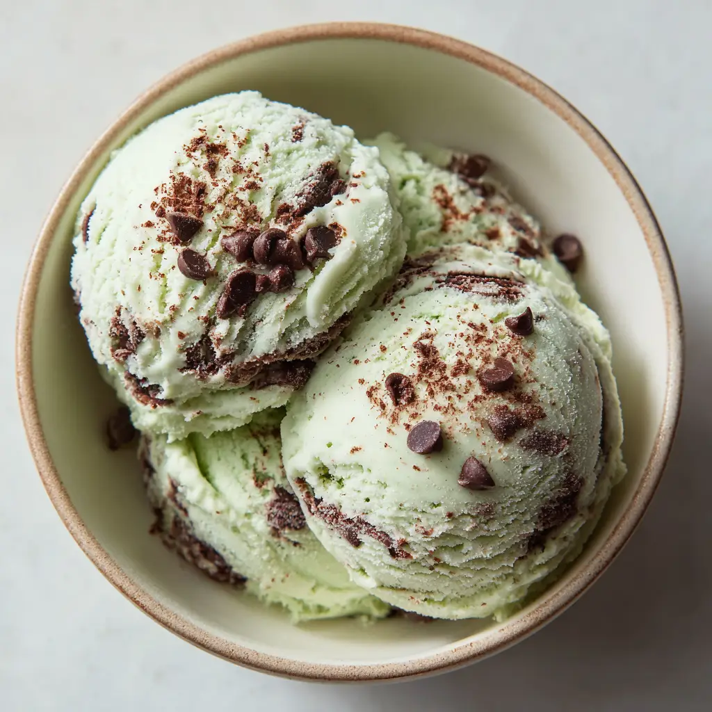 Top-down view of light green Keto Cottage Cheese Ice Cream scoops dusted with cocoa powder.
