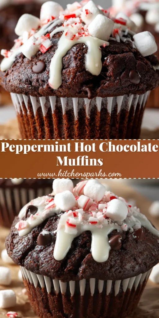 A close up shot of a rich dark chocolate muffin, with a slightly domed and cracked top crust, sitting in a white paper muffin liner on a piece of crinkled brown parchment paper. Generously drizzled with a thick glossy white icing, sprinkled with perfectly toasted mini white marshmallows and crushed peppermint candy canes.