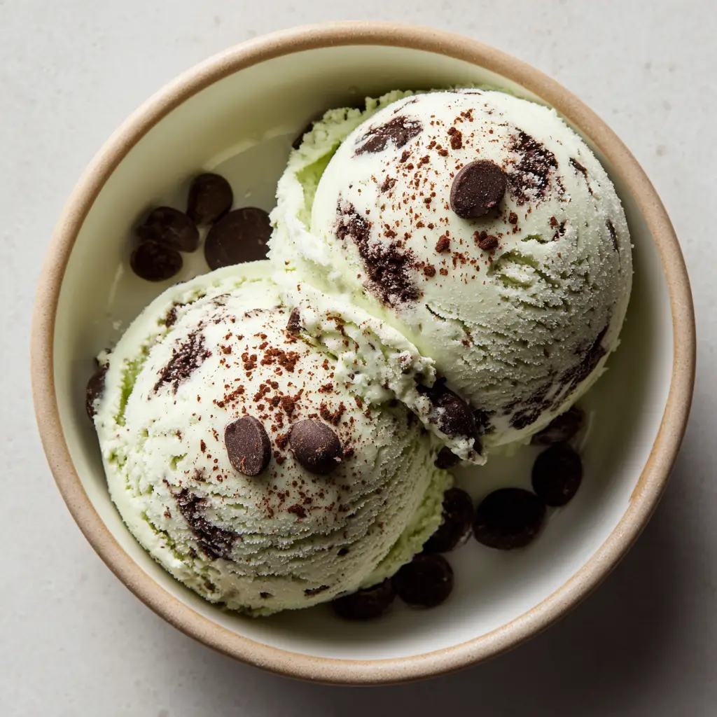 Close-up of thick, speckled Keto Cottage Cheese Ice Cream garnished with extra dark chocolate chips.