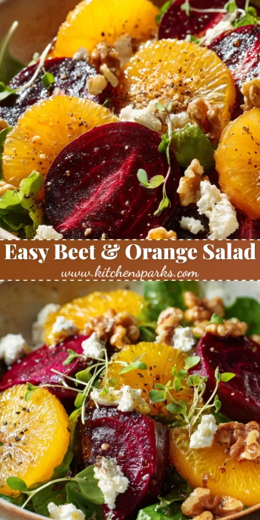 A close-up food photography shot of a vibrant beet and orange salad layered with feta cheese and walnuts in a shallow white ceramic bowl.