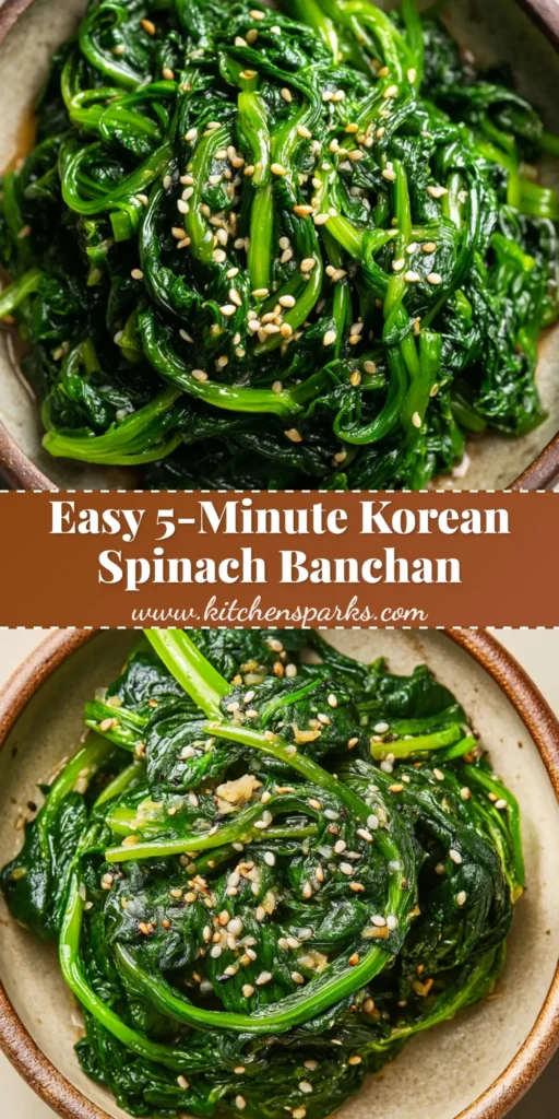 A rustic bowl of Korean Spinach Banchan glistening with sesame oil and speckled with roasted seeds.