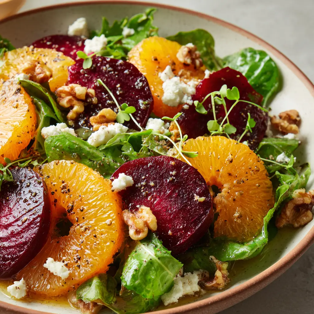 Alternating slices of deep ruby-red roasted beets and bright orange citrus wheels on a bed of fresh mixed greens.