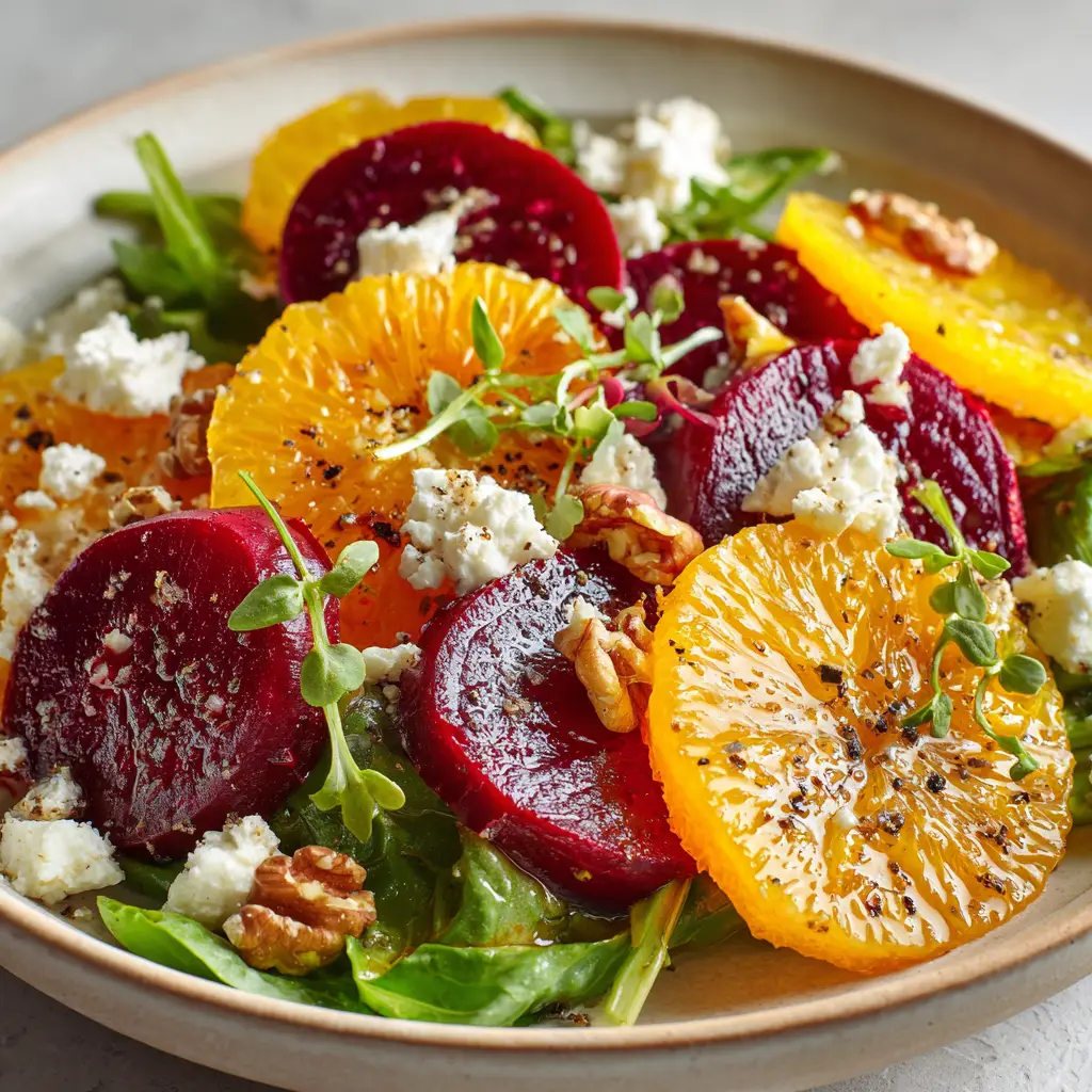 A glistening translucent vinaigrette dressing pooling slightly at the edges of an orange and beet salad garnished with microgreens.