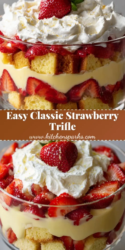 A close up shot of a classic strawberry trifle layered in a clear glass dessert bowl with pound cake, pudding, and fresh berries.