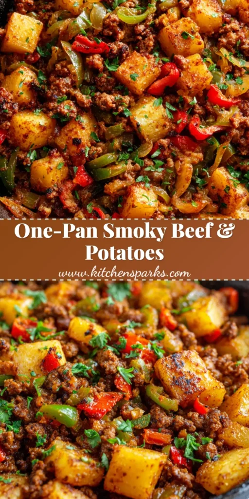 A rustic cast-iron skillet filled with Smoky Ground Beef and Potatoes, featuring crispy diced potatoes, caramelized onions, red and green peppers, and a fresh parsley garnish.