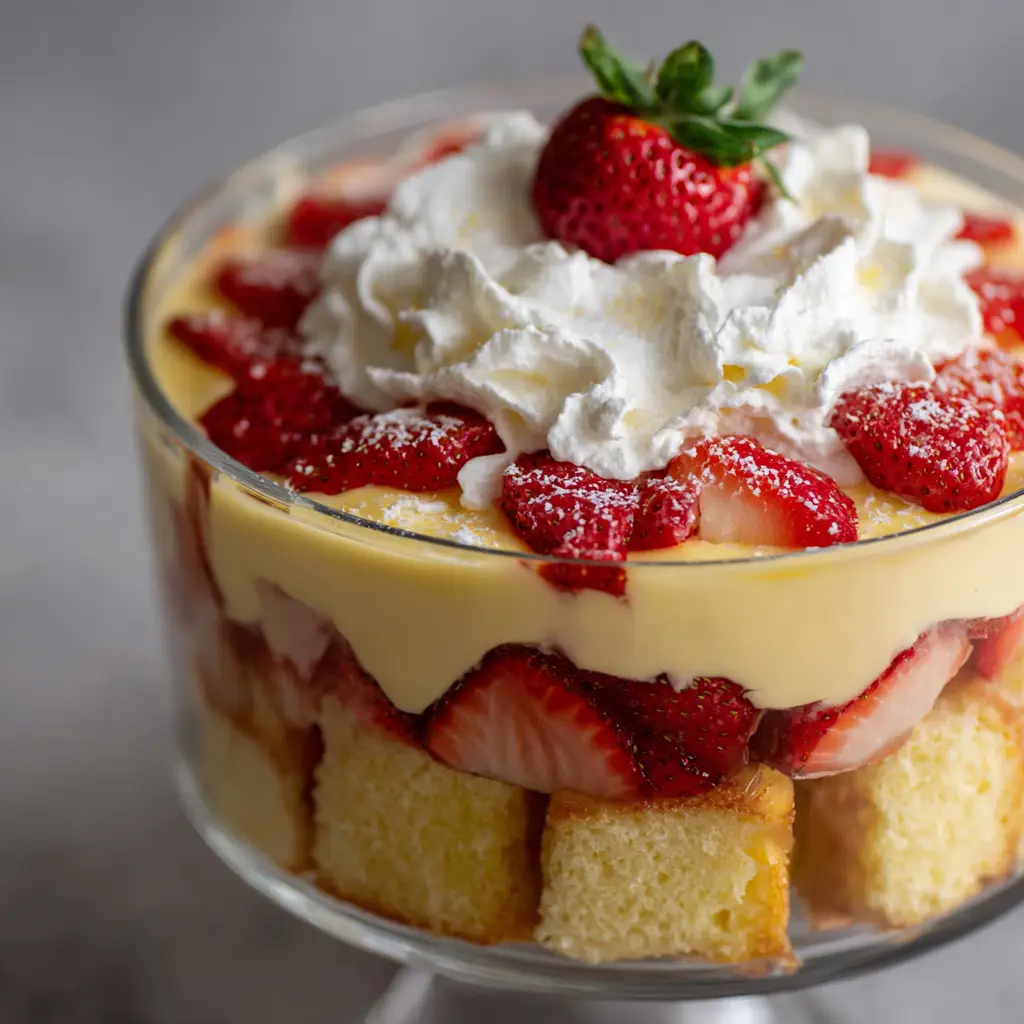 Thick layer of creamy pale yellow vanilla pudding and whipped cream topped with a whole fresh strawberry with green leaves.