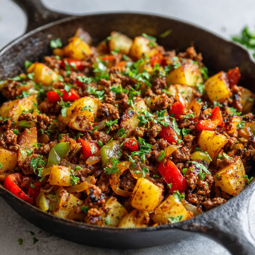 Hearty Smoky Ground Beef and Potatoes skillet meal showing beautifully softened peppers and translucent onions mixed with chopped parsley.