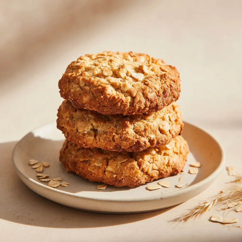 Golden-brown Easy Oatmeal Cookies bathed in soft natural daylight, showing caramelized edges on a neutral background.