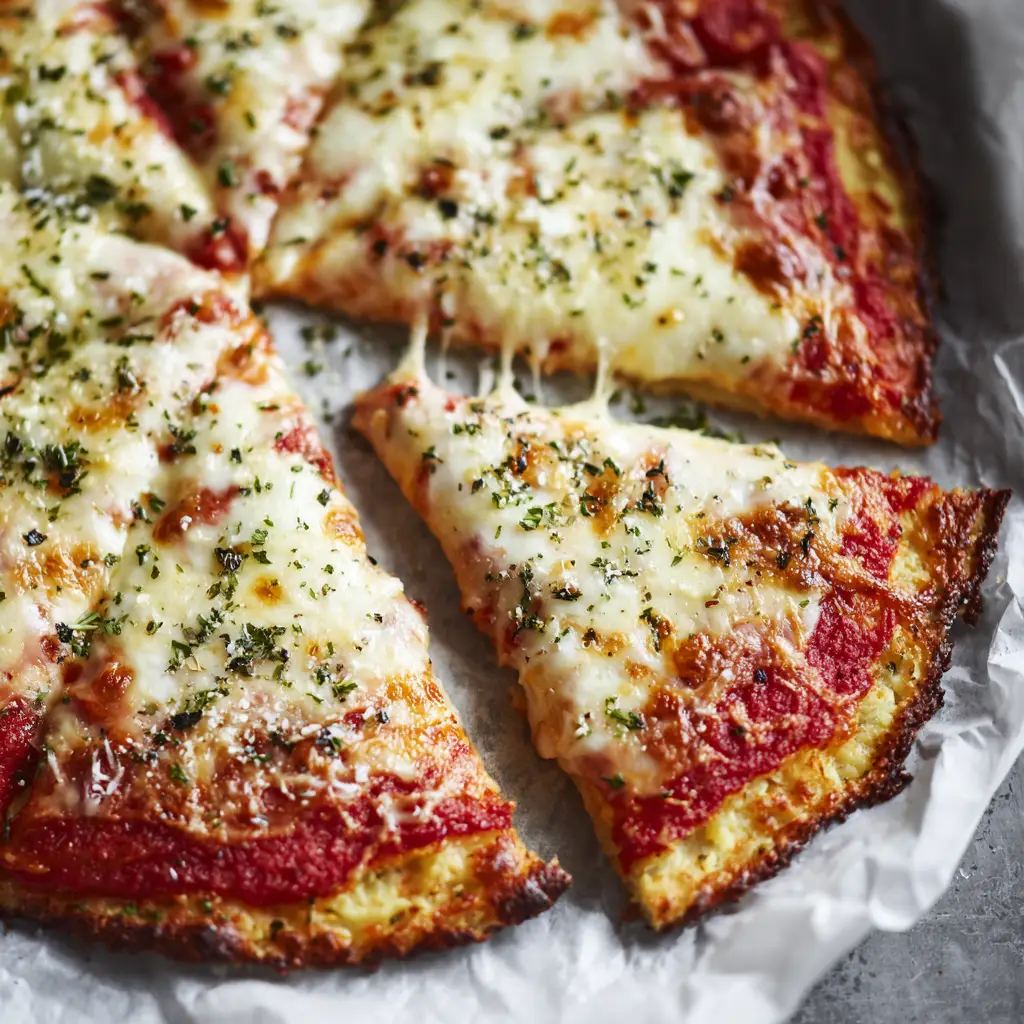 A slice of Cottage Cheese Pizza Crust sprinkled with green dried oregano flakes and crushed red pepper.