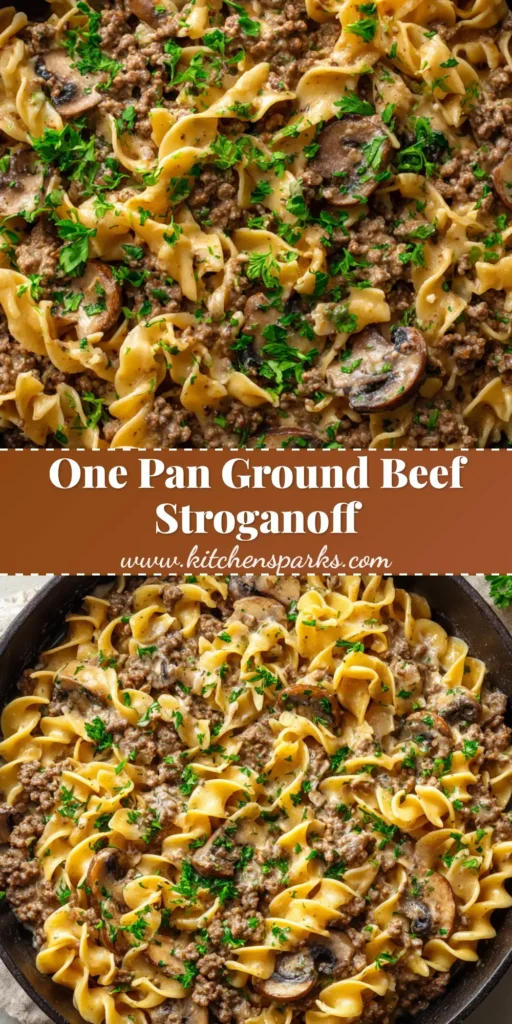 A close-up, top-down view of a hearty ground beef stroganoff in a dark cast iron skillet, featuring wide wavy egg noodles in a glossy light-brown cream sauce with browned ground beef crumbles and sauteed sliced button mushrooms, garnished with fresh green parsley.