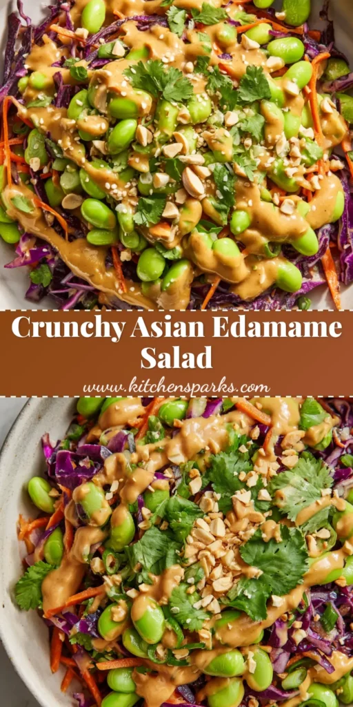 Close-up of a vibrant Asian Edamame Salad Recipe topped with creamy tan peanut dressing, cilantro, and crushed peanuts.