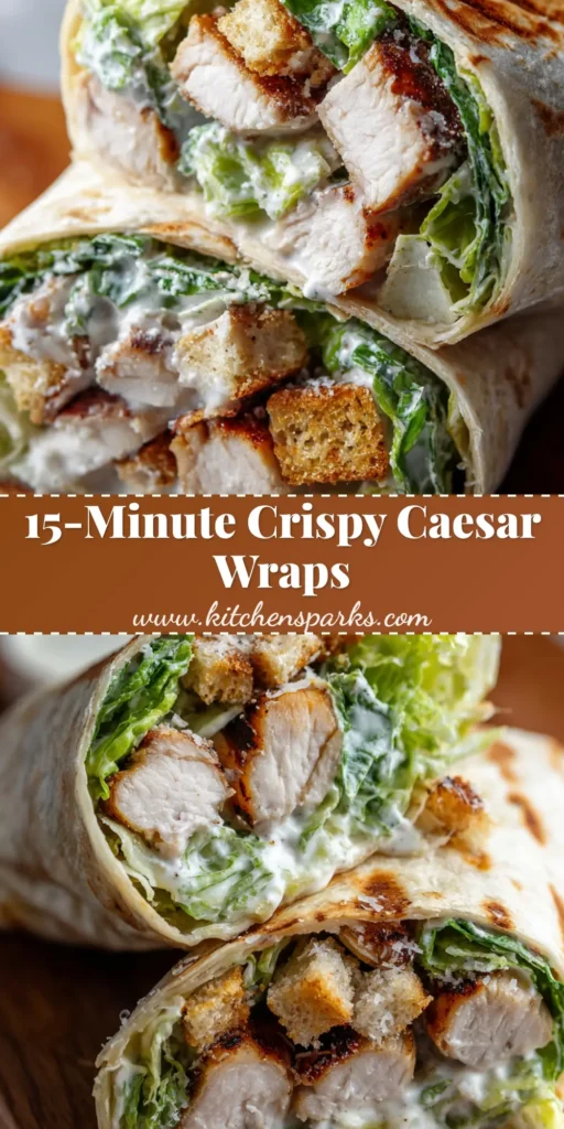 A halved Chicken Caesar Wrap on a wooden cutting board revealing golden-brown seared chicken, crisp romaine, and creamy dressing inside a lightly toasted flour tortilla.