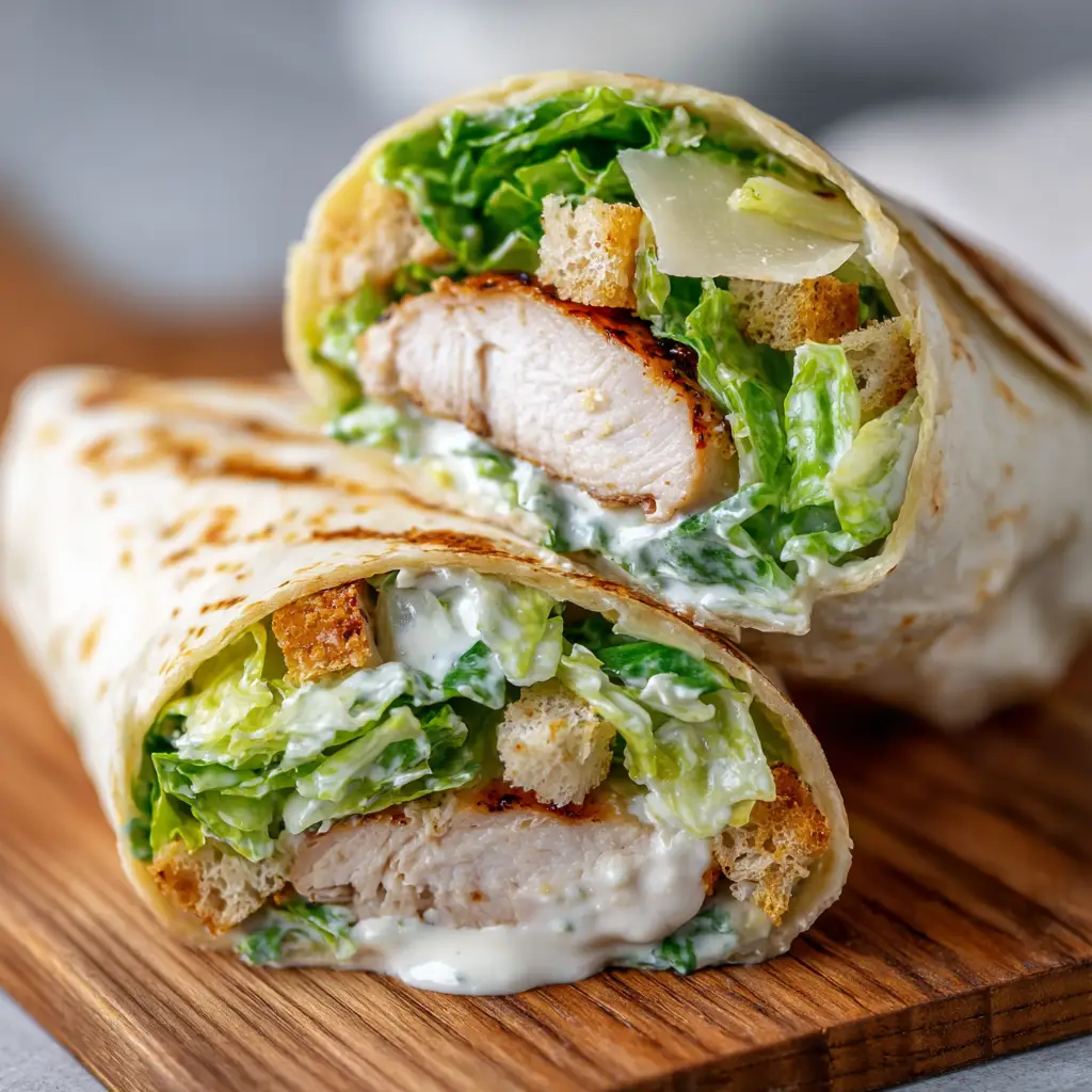 Close up of tightly packed Chicken Caesar Wraps with golden seared chicken breast, shaved parmesan, and creamy dressing.