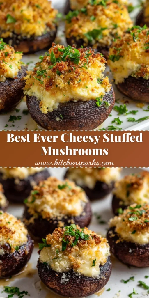 A close-up vertical shot of baked Stuffed Mushrooms Appetizer arranged on a white ceramic serving platter with glistening juices.