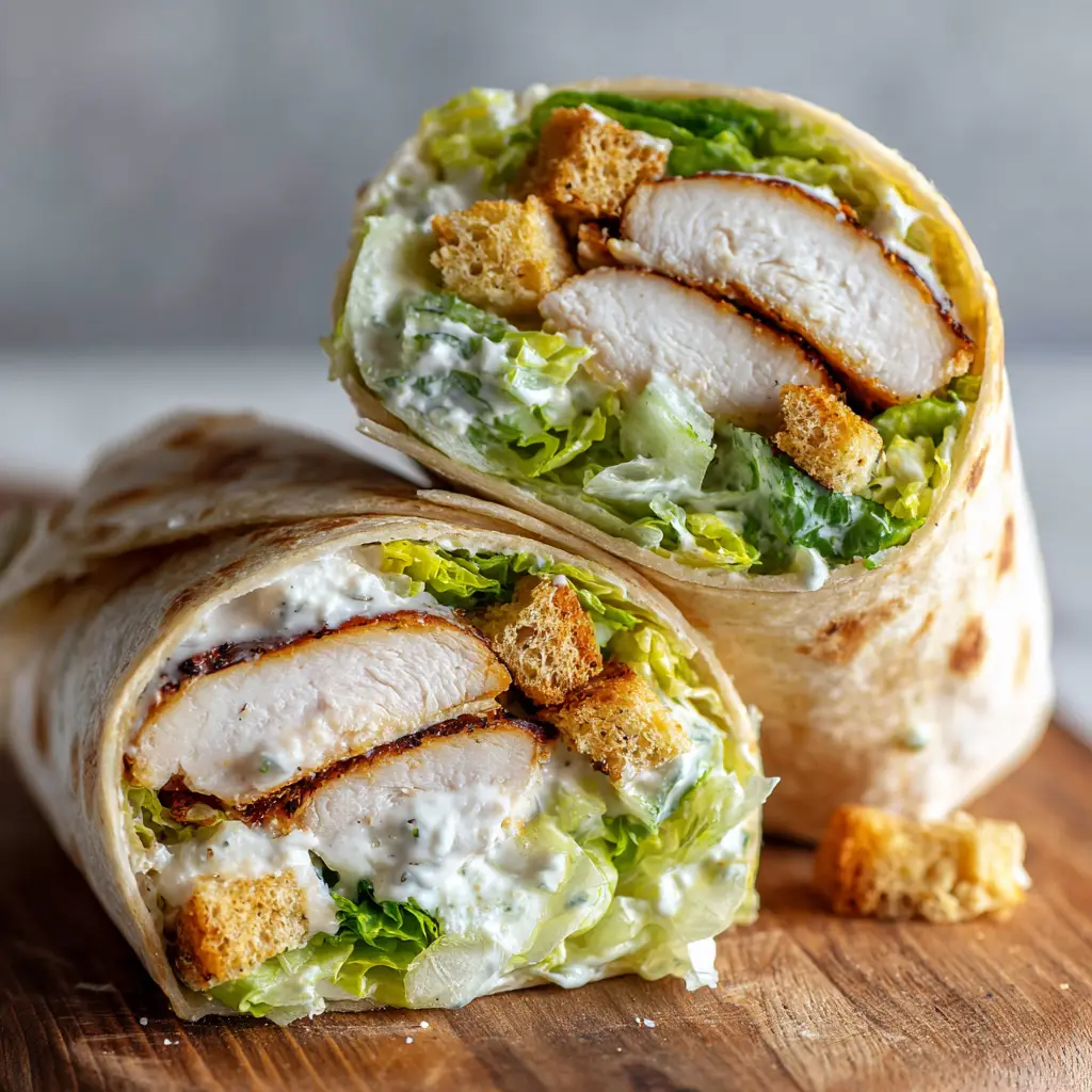 A rustic wooden cutting board showcasing a toasted soft white flour tortilla filled with fresh Chicken Caesar salad.