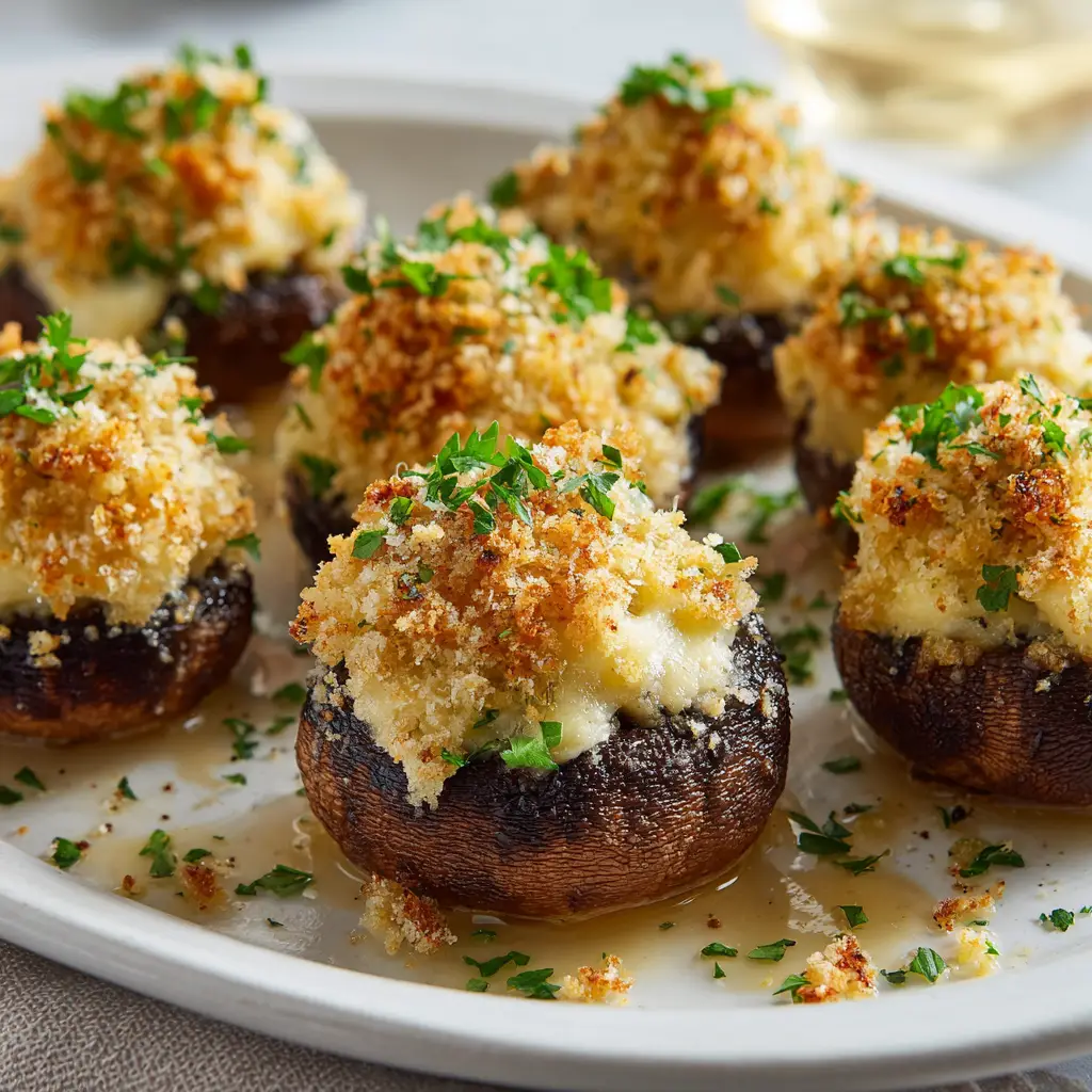 Macro shot of a melted pale yellow cream cheese filling inside a dark brown mushroom cap, dusted with fresh minced parsley.