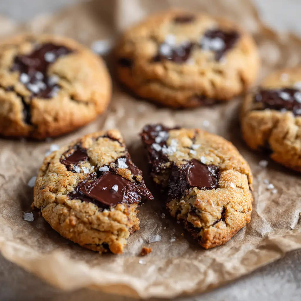 A close-up smartphone photo of gluten-free almond flour chocolate chip cookies topped with flaky sea salt.