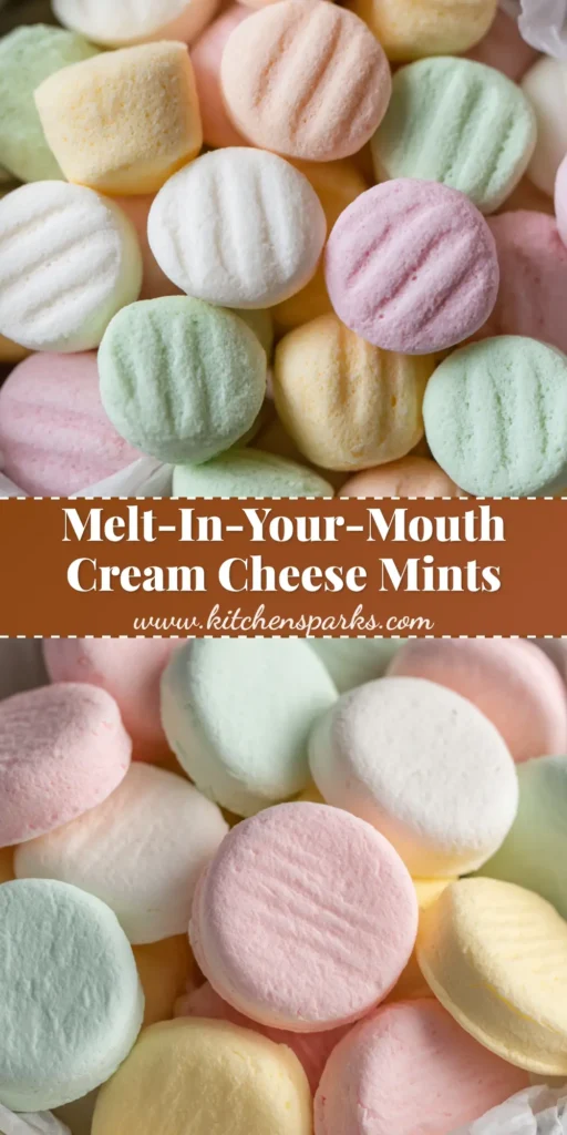 Close-up of pastel homemade Cream Cheese Mints resting on crinkled parchment paper in a decorative tin.