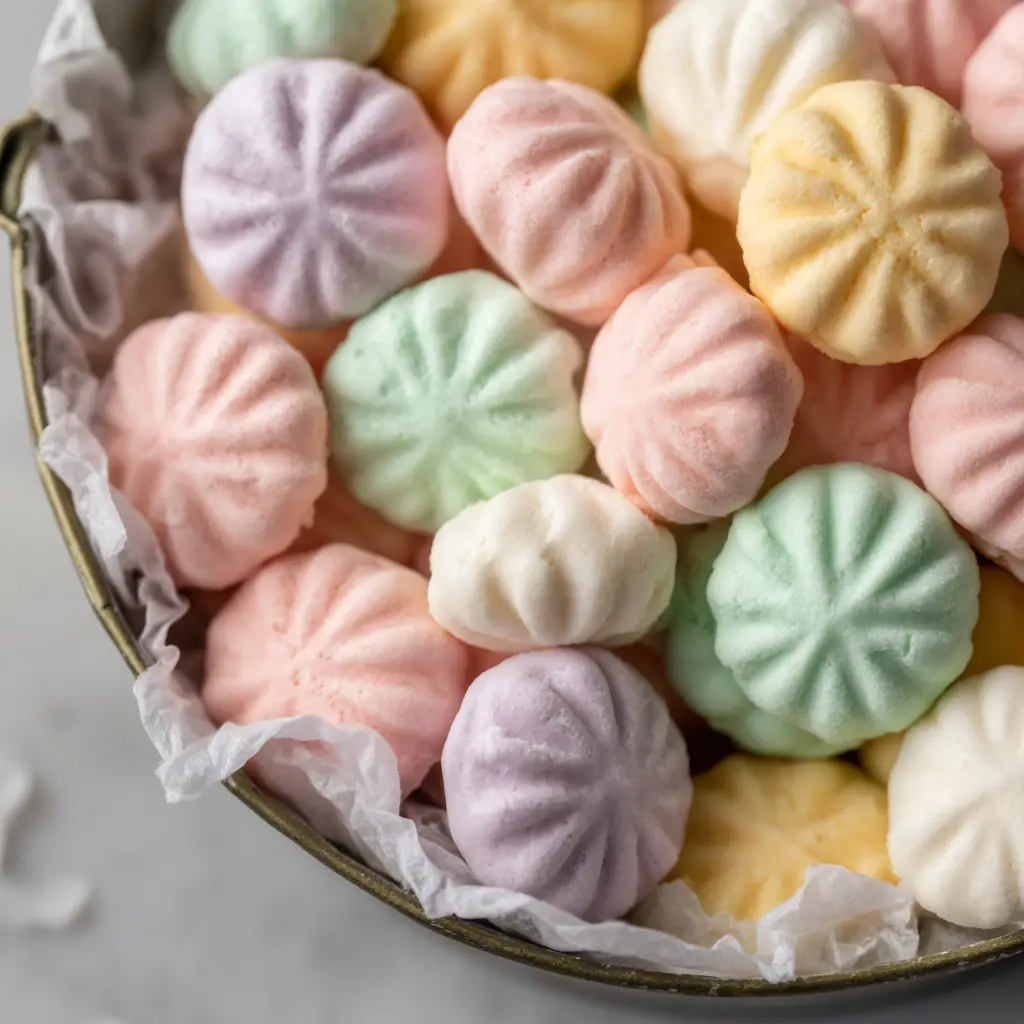 Small, round Cream Cheese Mints in soft mint green, pale pink, and butter yellow.