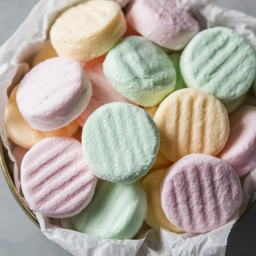 Fork-pressed textured tops of white and pastel Cream Cheese Mints.