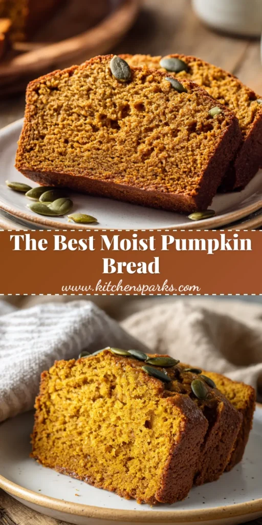 A thick slice of moist pumpkin bread with a tender soft crumb and toasted green pumpkin seeds on top.
