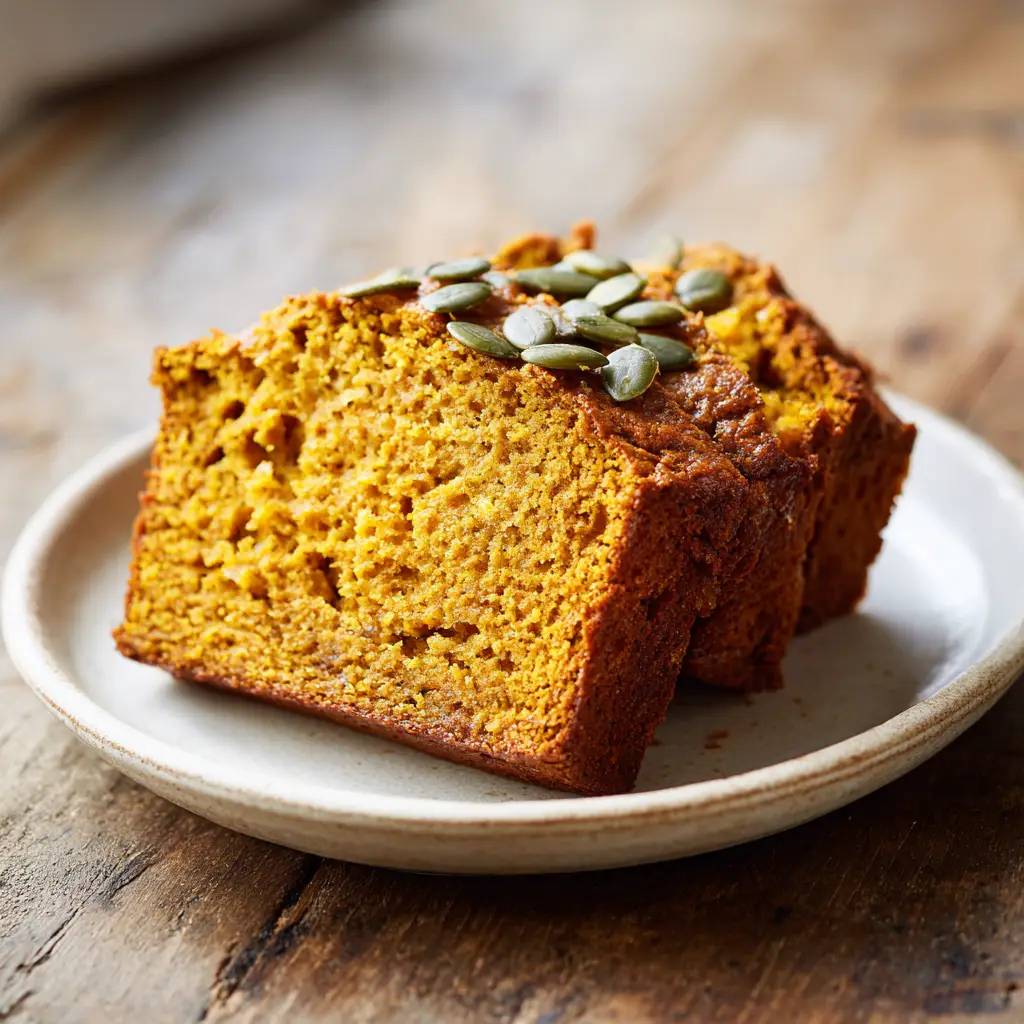 A thick slice of moist, golden-brown pumpkin bread resting on a white ceramic dessert plate placed on a rustic wooden table.