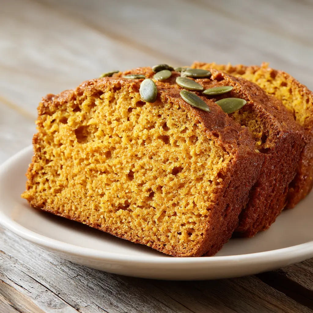 Close up of a slightly cracked crust top on moist pumpkin bread dotted with toasted green pumpkin seeds.