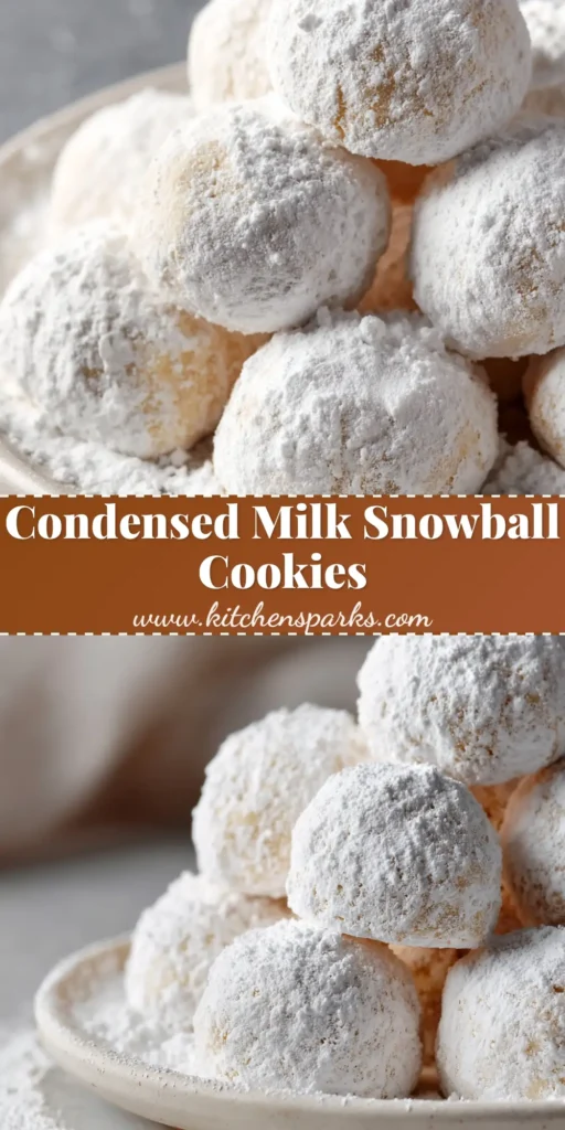 A close up photo of round baked sweetened condensed milk snowball cookies thickly coated in bright white powdered sugar, piled together on a plain ceramic plate.