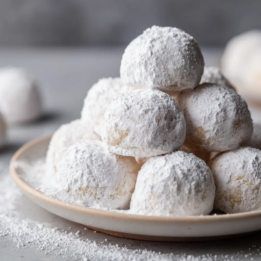 Close up of perfectly spherical snowball cookies coated in soft, white powdered sugar.