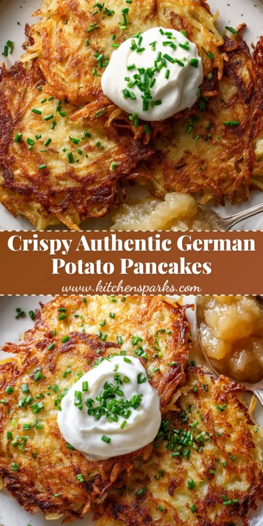 A stack of golden-brown German Potato Pancakes with jagged, crispy edges topped with sour cream and fresh chives, next to chunky applesauce.