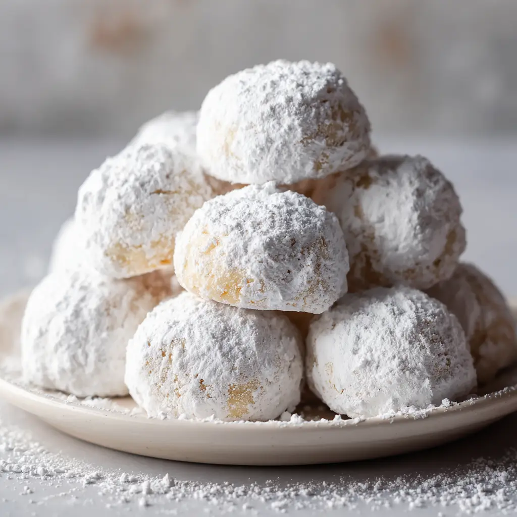Sweetened condensed milk snowball cookies piled on a plain ceramic plate with extra sugar dusting spilling over.