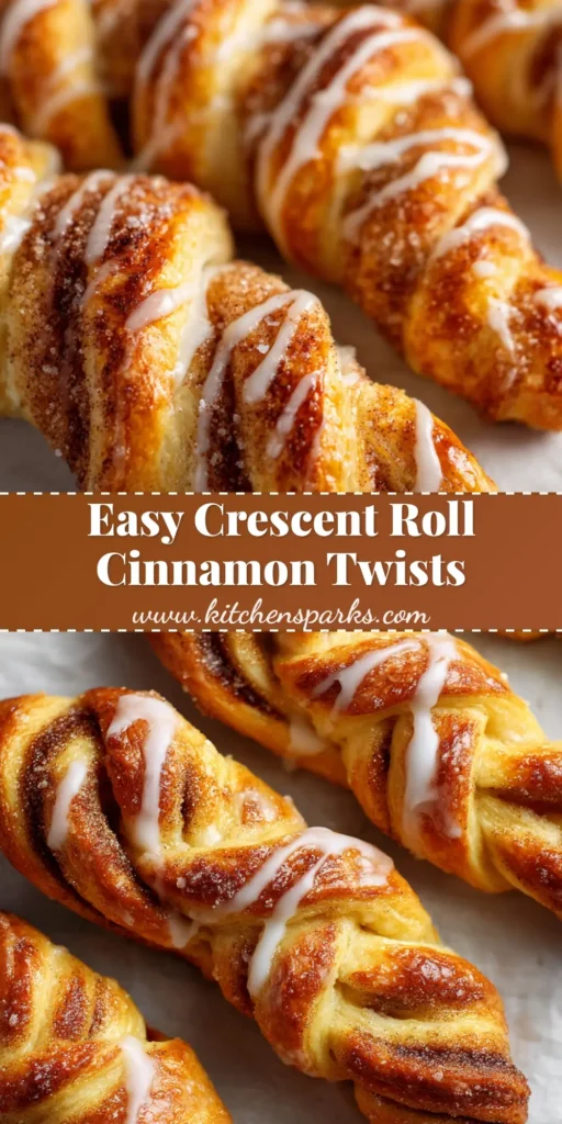 A close-up vertical shot of golden-brown baked Crescent Roll Cinnamon Twists generously coated with a dark caramelized cinnamon-sugar mixture and an opaque white drizzle.