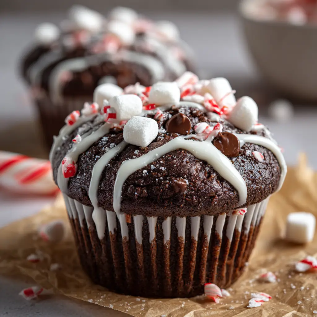 A domed Peppermint Hot Chocolate Muffin sitting on crinkled brown parchment paper showing melted dark chocolate chips and a thick white icing glaze.