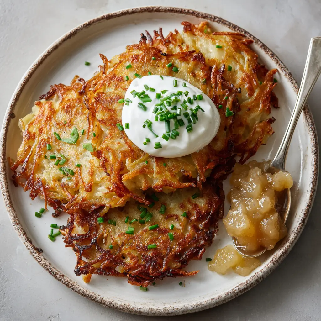 Close-up showing the visible thin shreds of cooked potato and onion inside a lacy, crispy-edged German Potato Pancake.