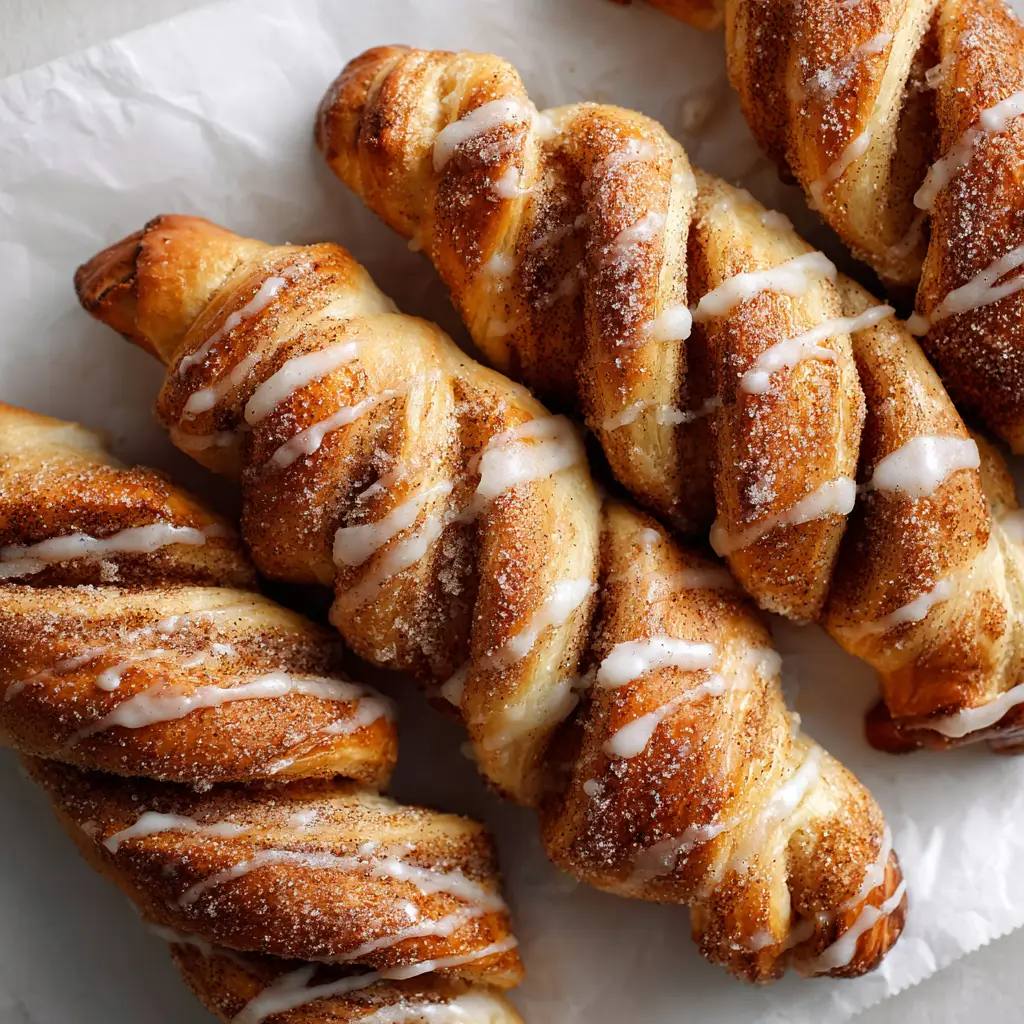 Horizontal drizzle of thick, opaque white vanilla sugar glaze across dark brown caramelized cinnamon twists on parchment paper.