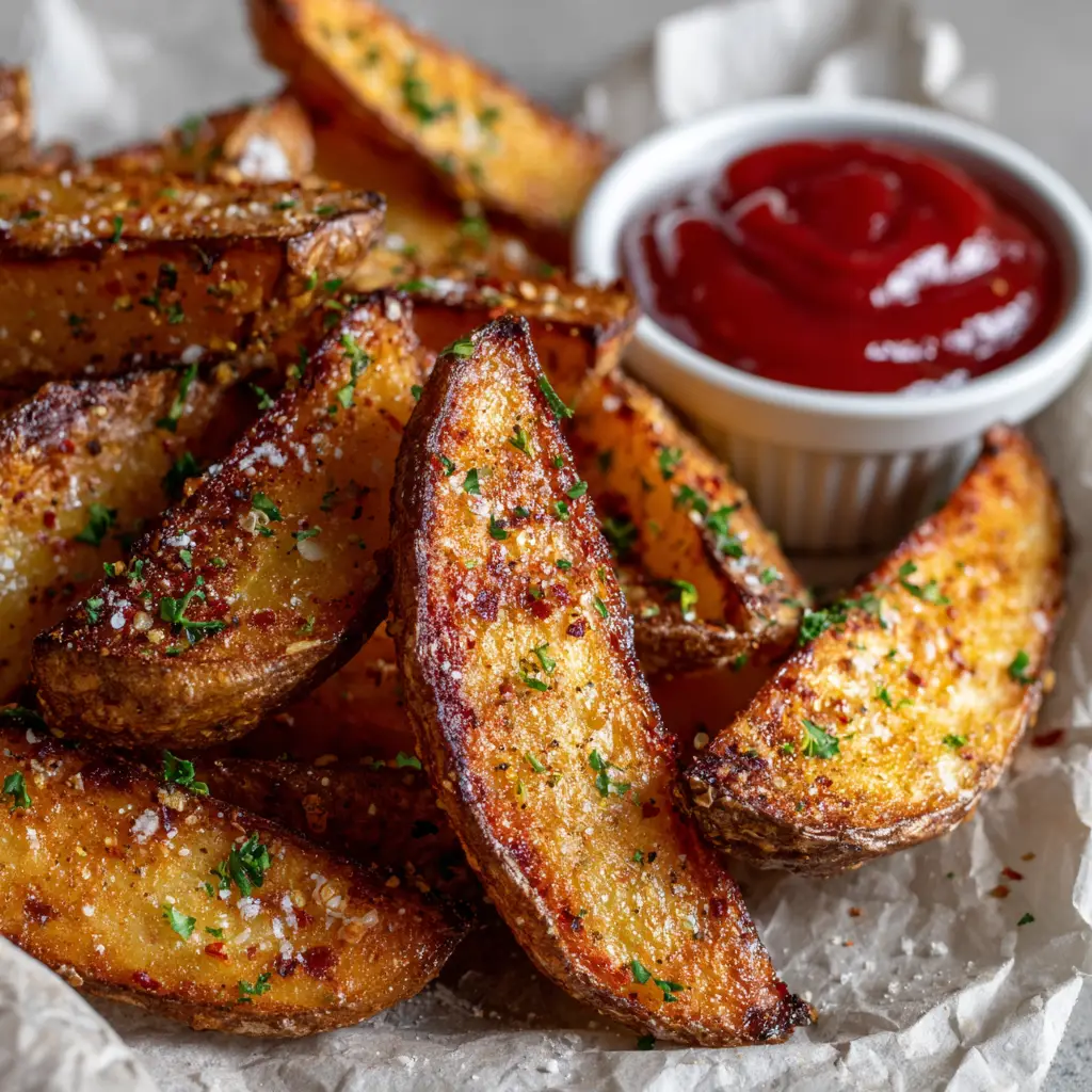 Thick glossy red ketchup in a small white ceramic ramekin sitting behind perfectly cooked air fryer potato wedges on parchment paper.