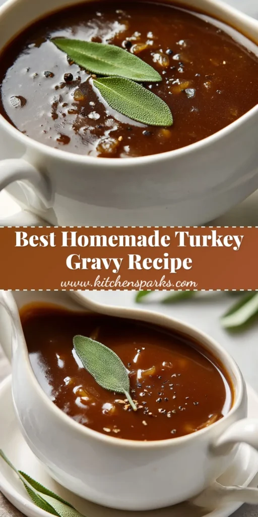 A close-up view of rich, glossy Homemade Turkey Gravy with translucent onions, garnished with a single fresh green sage leaf and coarse cracked black pepper.