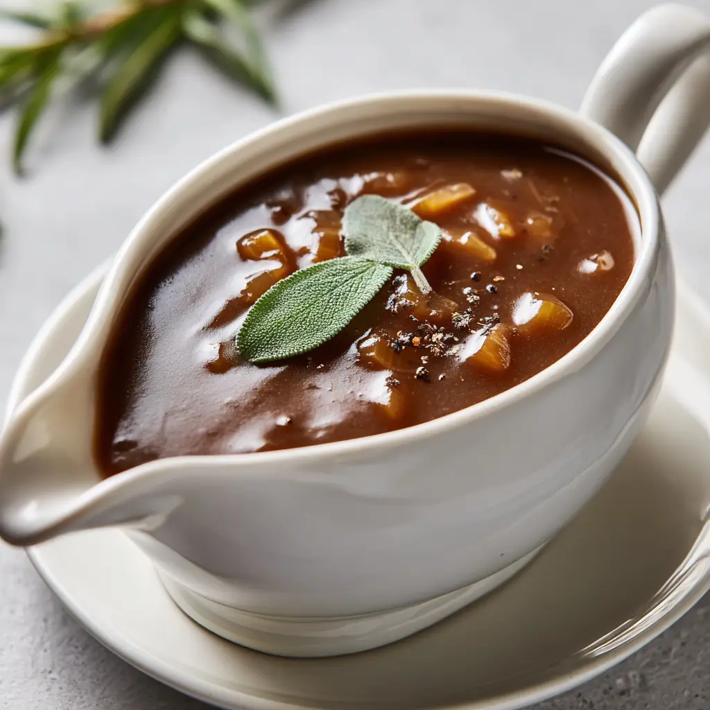 Close-up showing the glossy texture of homemade turkey gravy with finely diced translucent onions and coarse black pepper.