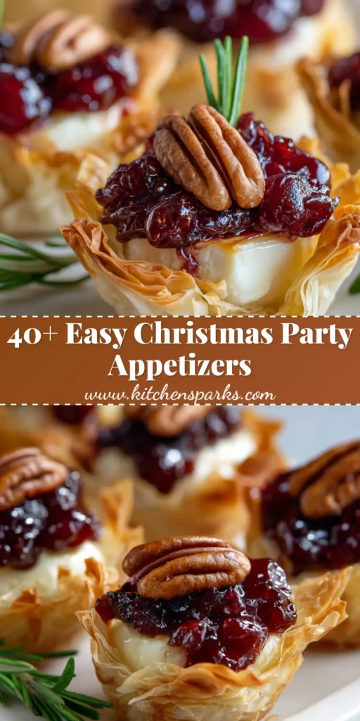A beautiful arrangement of bite-sized Christmas appetizers featuring baked flaky phyllo pastry cups filled with melted brie and topped with chunky dark red cranberry sauce, pecans, and fresh rosemary.