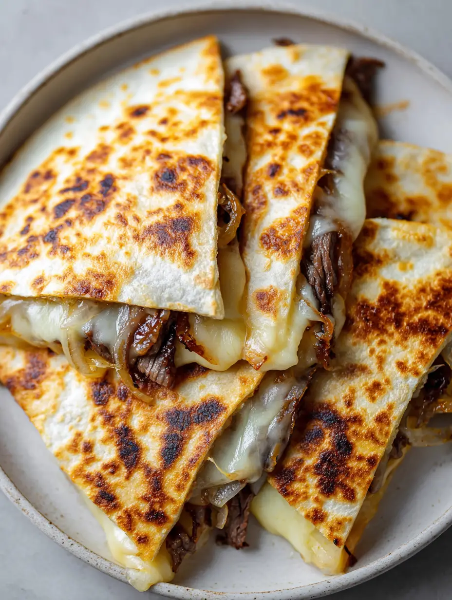 Top-down close-up of Blackstone Steak Quesadillas showing the matte toasted tortilla texture and seared steak filling.