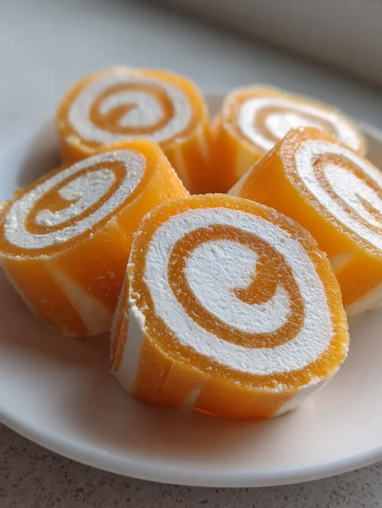 Creamsicle Vodka Jello Rollups: A Spiraled Boozy Dessert Dream 1 Multiple uniform cylinders of Creamsicle Vodka Jello Rollups arranged on a neutral kitchen surface.